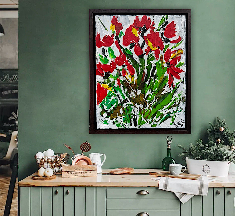 Framed Original Contemporary Abstract Oil Painting On Canvas 38 x 32cm ‘ Red Flowers