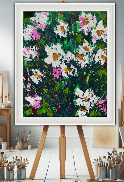 Original Abstract Oil Painting On Canvas board 60 x 50cm garden white flowers I Oka