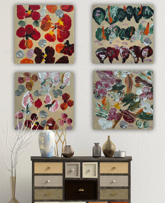 Oka set of 4 Modern Abstract Original Oil Paintings On Canvas Petals 15x15cm each
