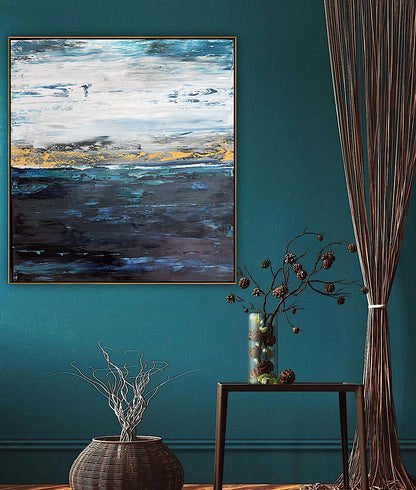 Framed in gold oak frame Original Abstract contemporary Oil Painting On Canvas 77x70cm  textured Oka Coastal Line
