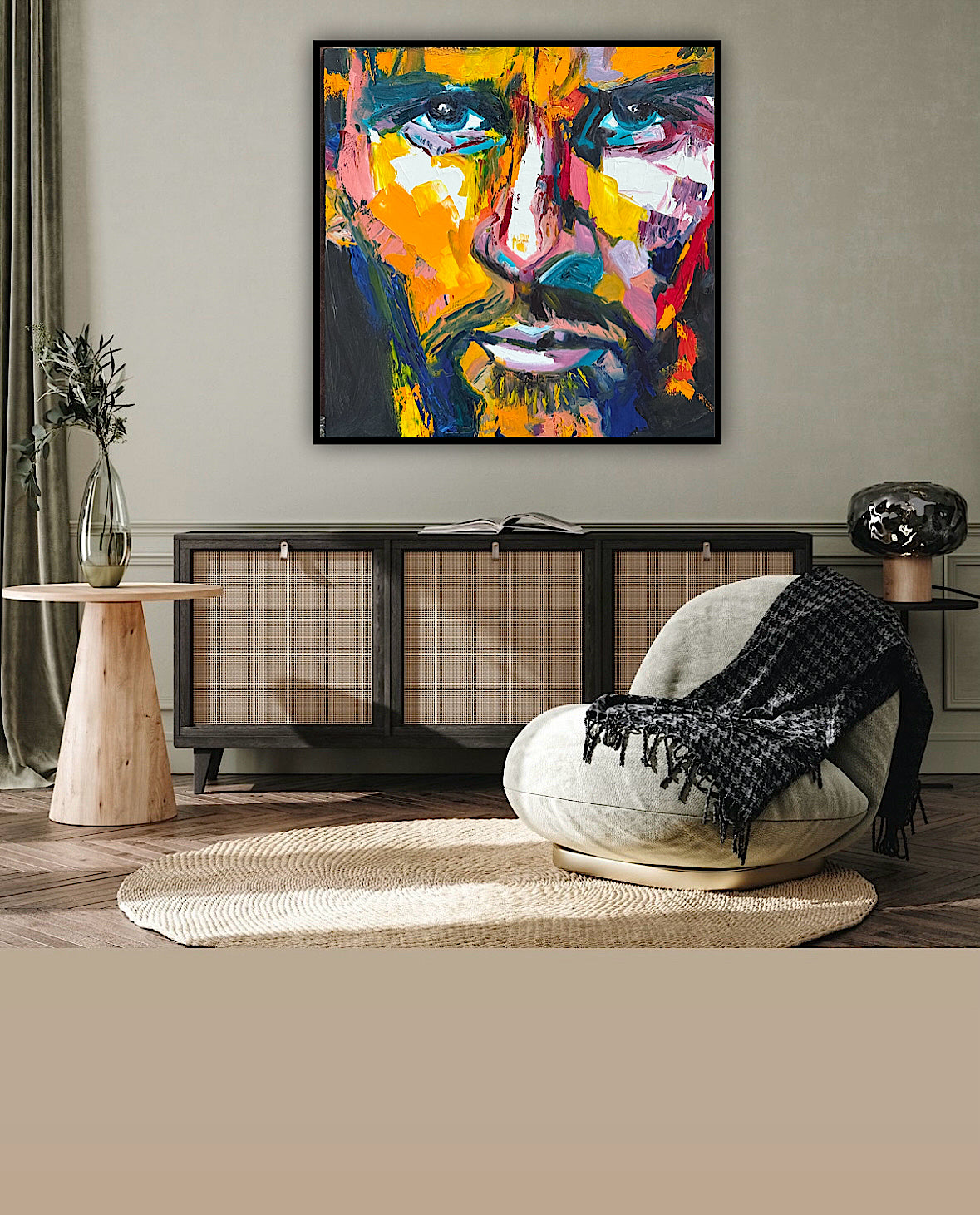 Original Abstract mixed media oil Painting On Canvas 50x50cm male portrait ‘Alejandro’ oka