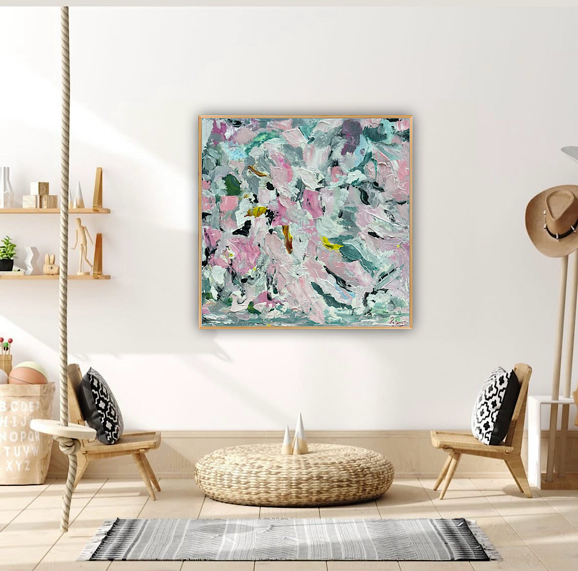 Large Abstract Original Oil Painting On 50x50cm canvas textured Painting ‘Pink Fusion’ Oka framed in solid oak frame