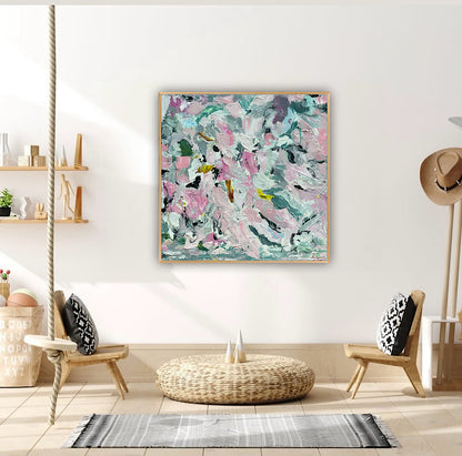 Large Abstract Original Oil Painting On 50x50cm canvas textured Painting ‘Pink Fusion’ Oka framed in solid oak frame