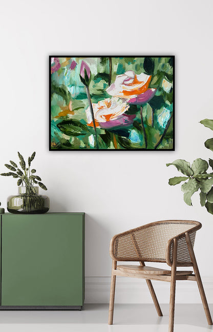 Renoir Summer white Roses Original abstract Oil Painting On Canvas 60x46cm